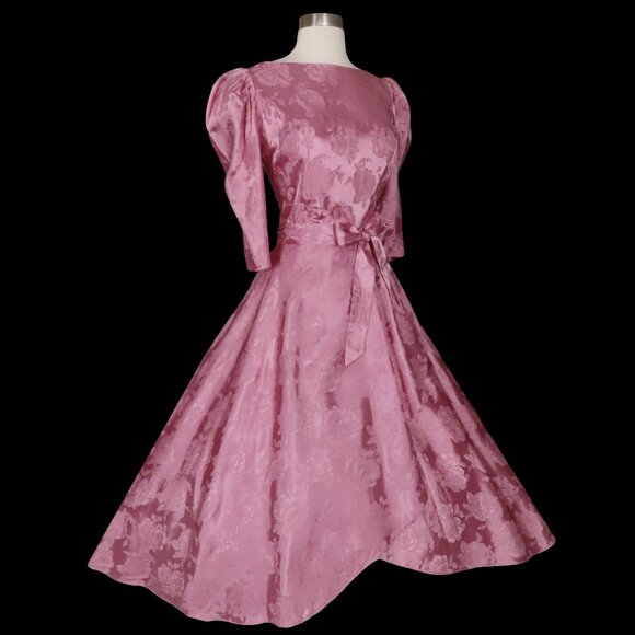 Vintage 80s 40s Pink Floral Dressing Robe Look Faux Wrap Skirt Party Dress M - Picture 1 of 13